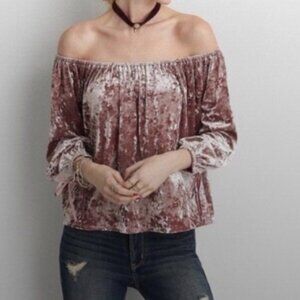 American Eagle Outfitters Rose Velvet Off Shoulder Top L
